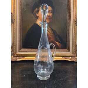 Vintage 1950s Romanian Etched Glass Decanter 17" w/ Stopper Floral Design